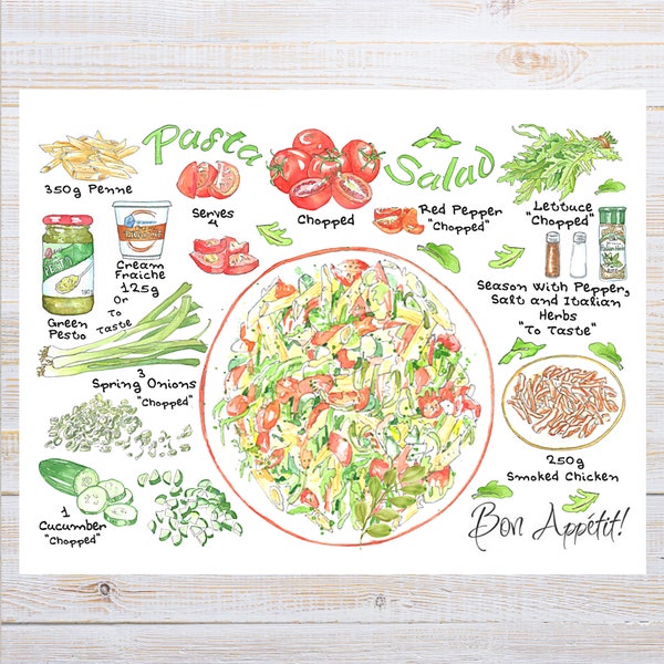 Recipe Postcard "Pasta Salad" | 1 Postcard | Thick Cardstock | For sending a postcard to a friend