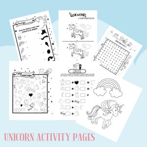 Páginas de actividades con temática de unicornio para niños / Búsqueda de palabras, Páginas para colorear, Emparejar sombras, Laberintos, Emparejar letras, Veo, Unir puntos / Fácil