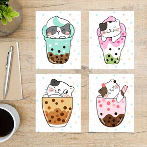 Set di cartoline Bubble Tea Cats / 4 cartoline / Cartoncino spesso 130 / Per posta ordinaria, scambio di cartoline e invio di una cartolina a un amico