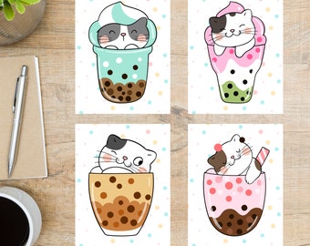 Bubble Tea Cats Postcard Set | 4 Postcards | 130 Thick Cardstock | For snail mail, postcard exchange, and sending a card to a friend