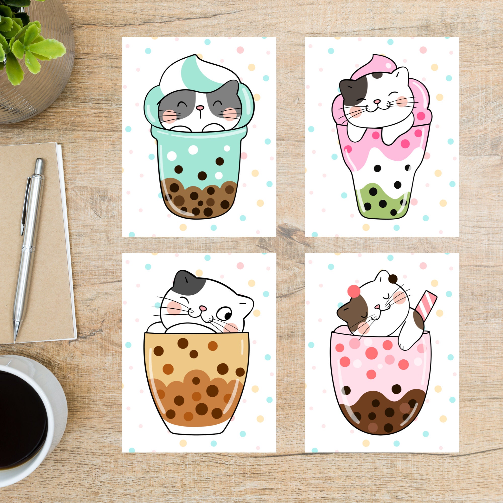 Bubble Tea Cats Postcard Set | 4 Postcards | 130 Thick Cardstock | For snail mail, postcard exchange, and sending a card to a friend