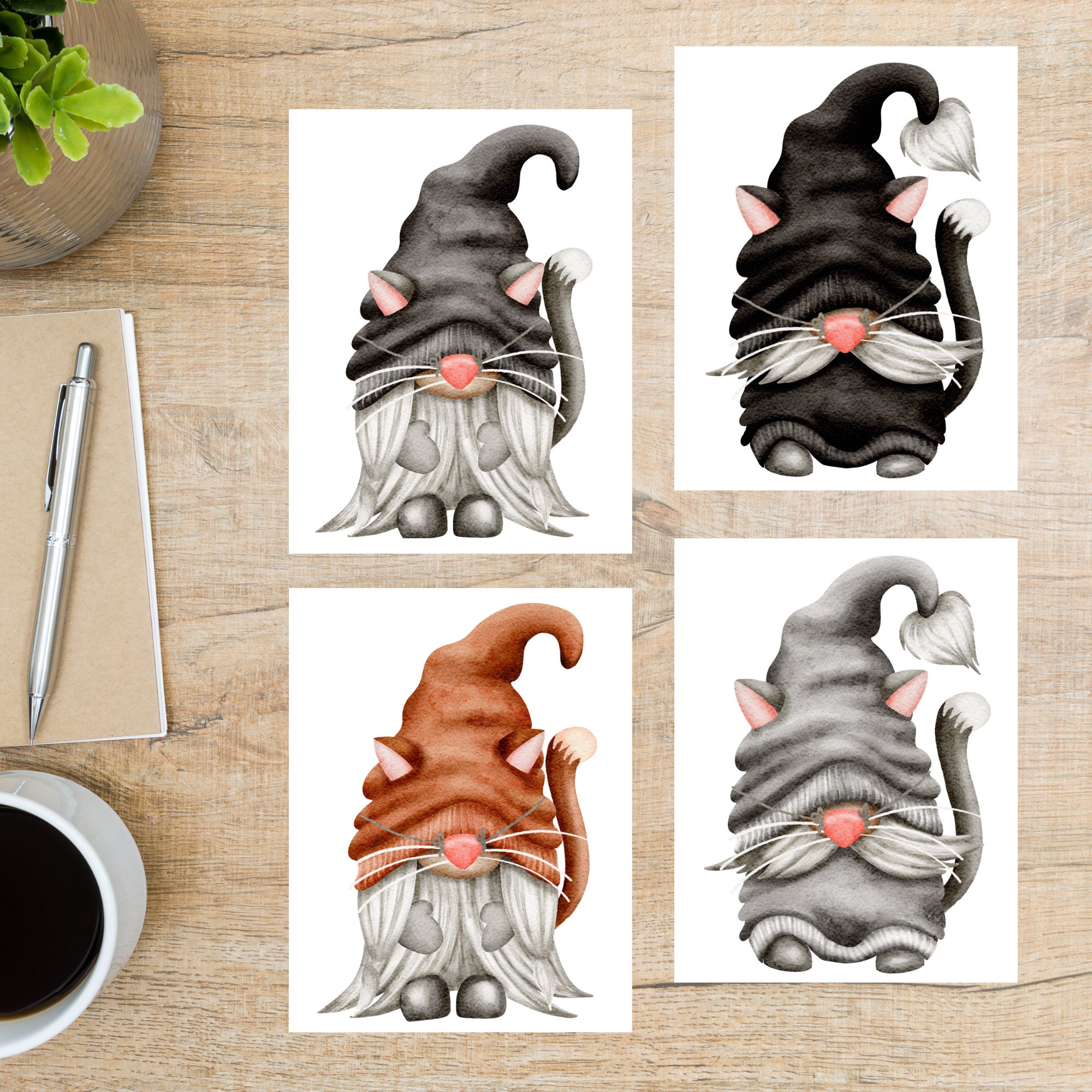 Cat Gnomes Postcard Set 4 Postcards 130 Thick Cardstock Etsy