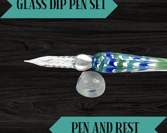 Green and Blue Glass Dip Pen | writing drawing art calligraphy ink fountain best nib handmade quill crystal