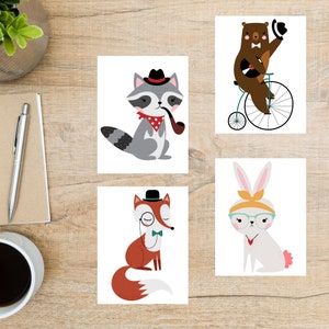 Set de cartes postales animaux hipster | 4 cartes postales | Papier cartonné épais 130 | Pour envoyer une carte postale à un ami, un membre de la famille