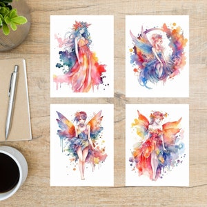 Lot de cartes postales de belles fées aquarelles | 4 cartes postales | Papier cartonné épais | De belles fées aux couleurs vives et à l'aquarelle