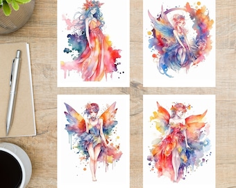 Beautiful Watercolor Fairies Postcard Set | 4 Postcards | Thick Cardstock | Beautiful fairies in beautiful, vibrant colors with watercolor