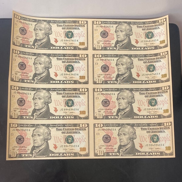 Lot of 8- Ten Dollar Notes- Uncut US Currency Sheet- Series 2009 - Uncirculated - Philadelphia Federal Reserve -