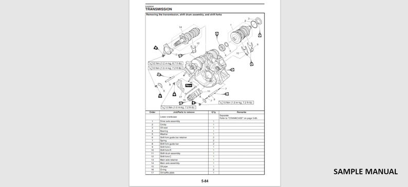 May include: A black and white diagram of a transmission assembly, with various parts labeled and exploded views. The diagram includes torque specifications and a parts list. The text "SAMPLE MANUAL" is visible at the bottom right.