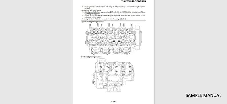 May include: A page from a manual with the title "Tightening Torques" at the top. The page includes diagrams of an engine and instructions for tightening bolts. The text "Sample Manual" is in the bottom right corner.