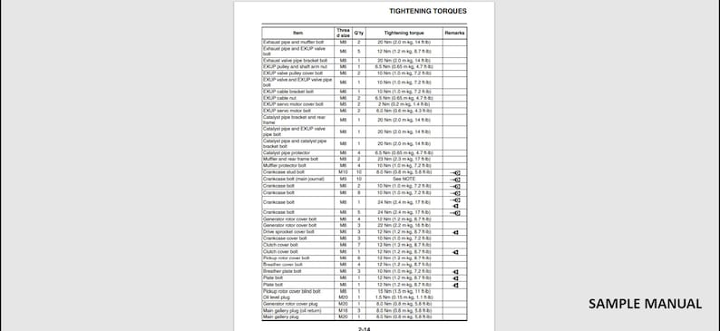 May include: A black and white page from a manual titled "Tightening Torques." The document lists various items, their sizes, tightening torques in Newton meters and foot-pounds, and remarks. The text "Sample Manual" is at the bottom right.