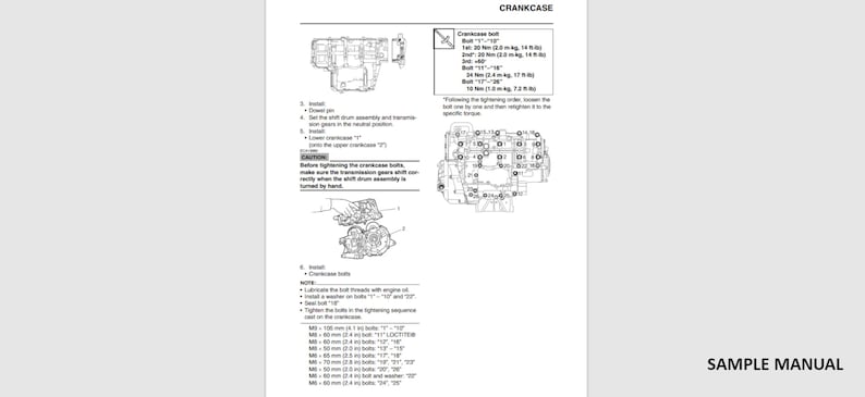May include: A page from a sample manual with diagrams and text related to a crankcase. The page includes illustrations of engine components, torque specifications, and instructions for assembly. The text "SAMPLE MANUAL" is visible.