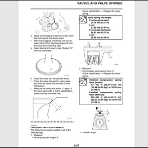 May include: A black and white technical manual page titled "VALVES AND VALVE SPRINGS." The page includes diagrams, measurements in inches, and text instructions for valve spring maintenance. The words "SAMPLE MANUAL" are at the bottom right.