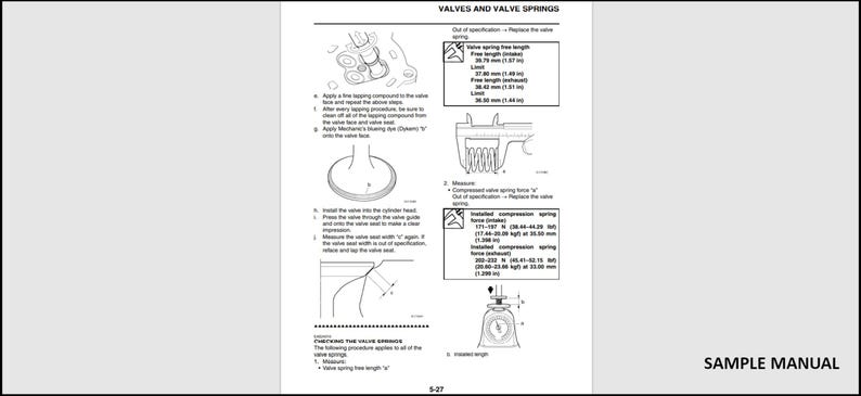 May include: A black and white technical manual page titled "VALVES AND VALVE SPRINGS." The page includes diagrams, measurements in inches, and text instructions for valve spring maintenance. The words "SAMPLE MANUAL" are at the bottom right.
