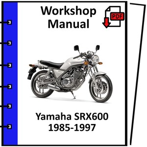 Op de afbeelding: Een omslag van een werkplaatshandboek met een zilveren Yamaha SRX600 motorfiets. De tekst "Workshop Manual" staat bovenaan, met "Yamaha SRX600 1985-1997" onderaan. Een PDF-pictogram staat in de rechterbovenhoek.