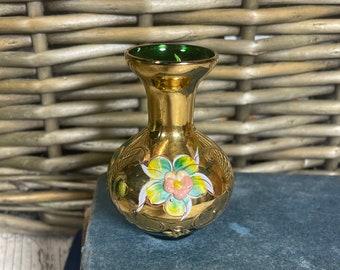 Vintage Bohemian Green Flower Vase Glass Gold Design with Flower Detail Small Size