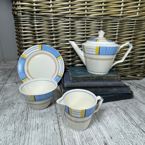 May include: A vintage tea set with a blue and yellow geometric design. The set includes a teapot, creamer, sugar bowl, and saucer.