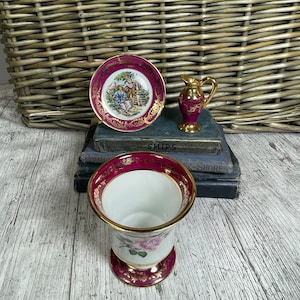 Vintage Meissner Limoges France decorative Vase Miniature Jug and Miniature Plate Red Band and Gold Detail floral print