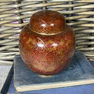 Vintage Oriental Brown Patterned Metal Ginger Jar / Lidded Pot Original Chinese Japanese Cloisonné