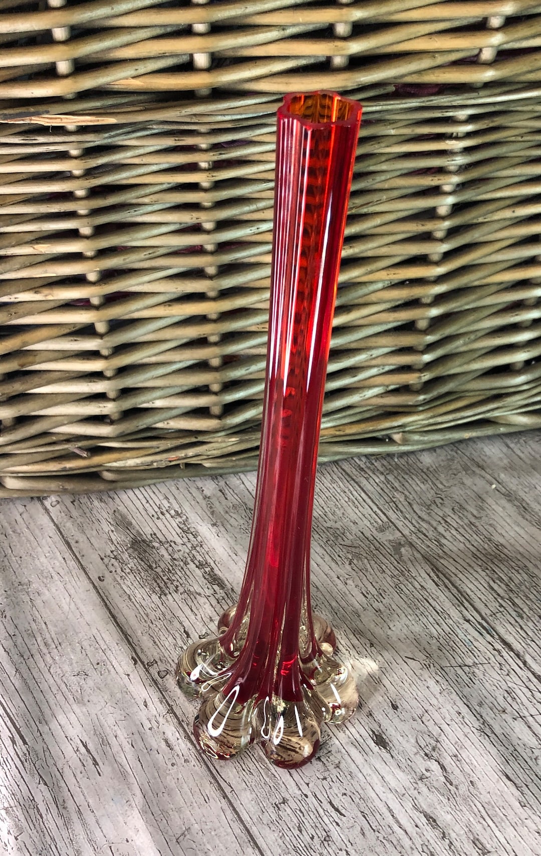 Vintage Tall Red and Clear Glass Vase Twisted Glass Bud Vase Original