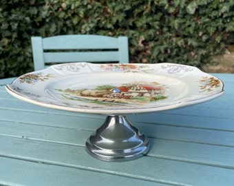 Vintage Crown Clarence Footed Cake Stand, China Cake Plate, Country Scene, Made in England