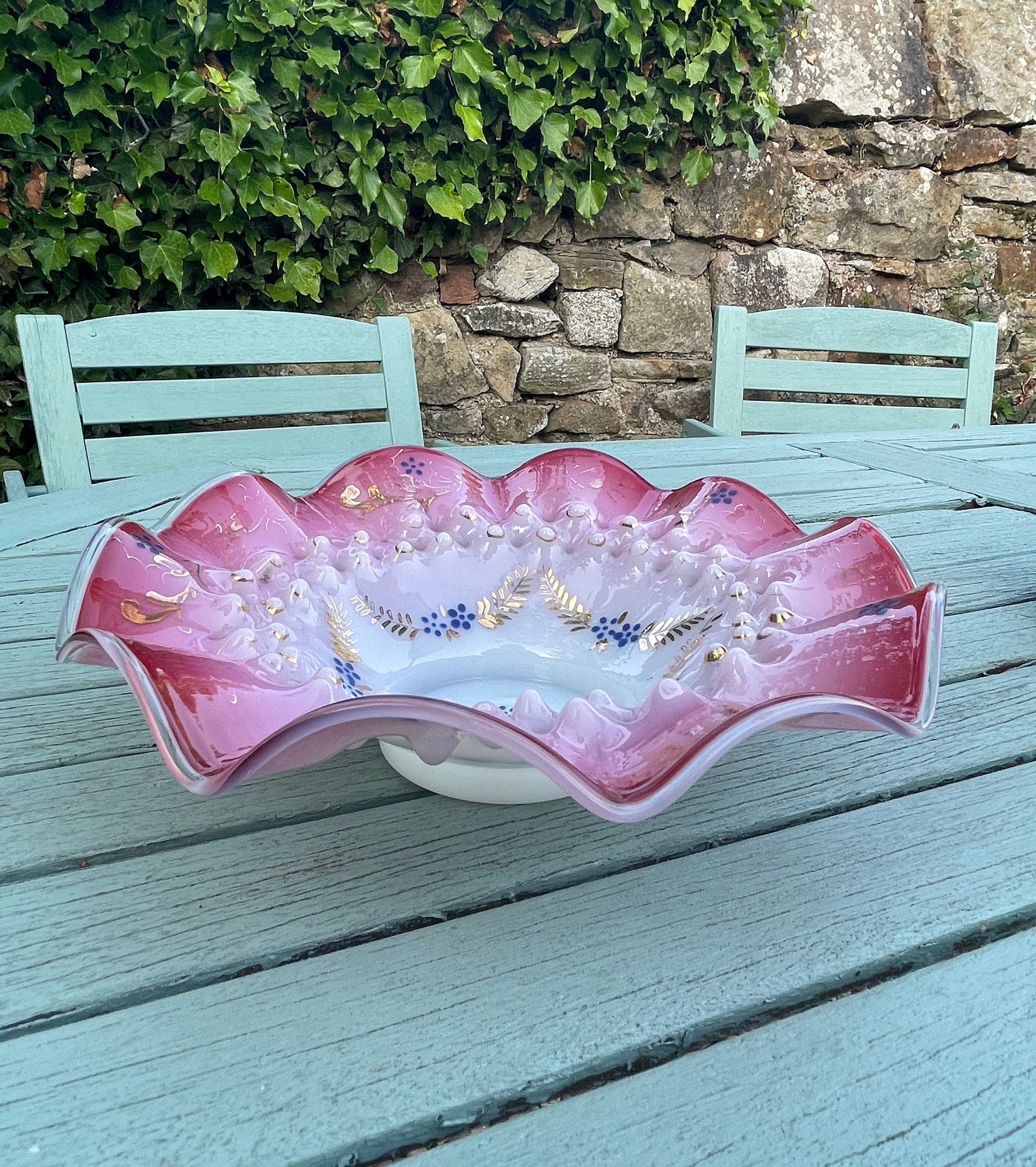 Antique Victorian Pink Ruffled Brides Bowl Cranberry Glass Gold