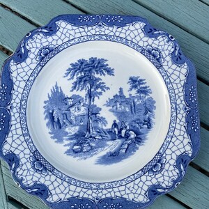 Vintage Adams England Landscape Octagonal Plate White and Blue Ironstone