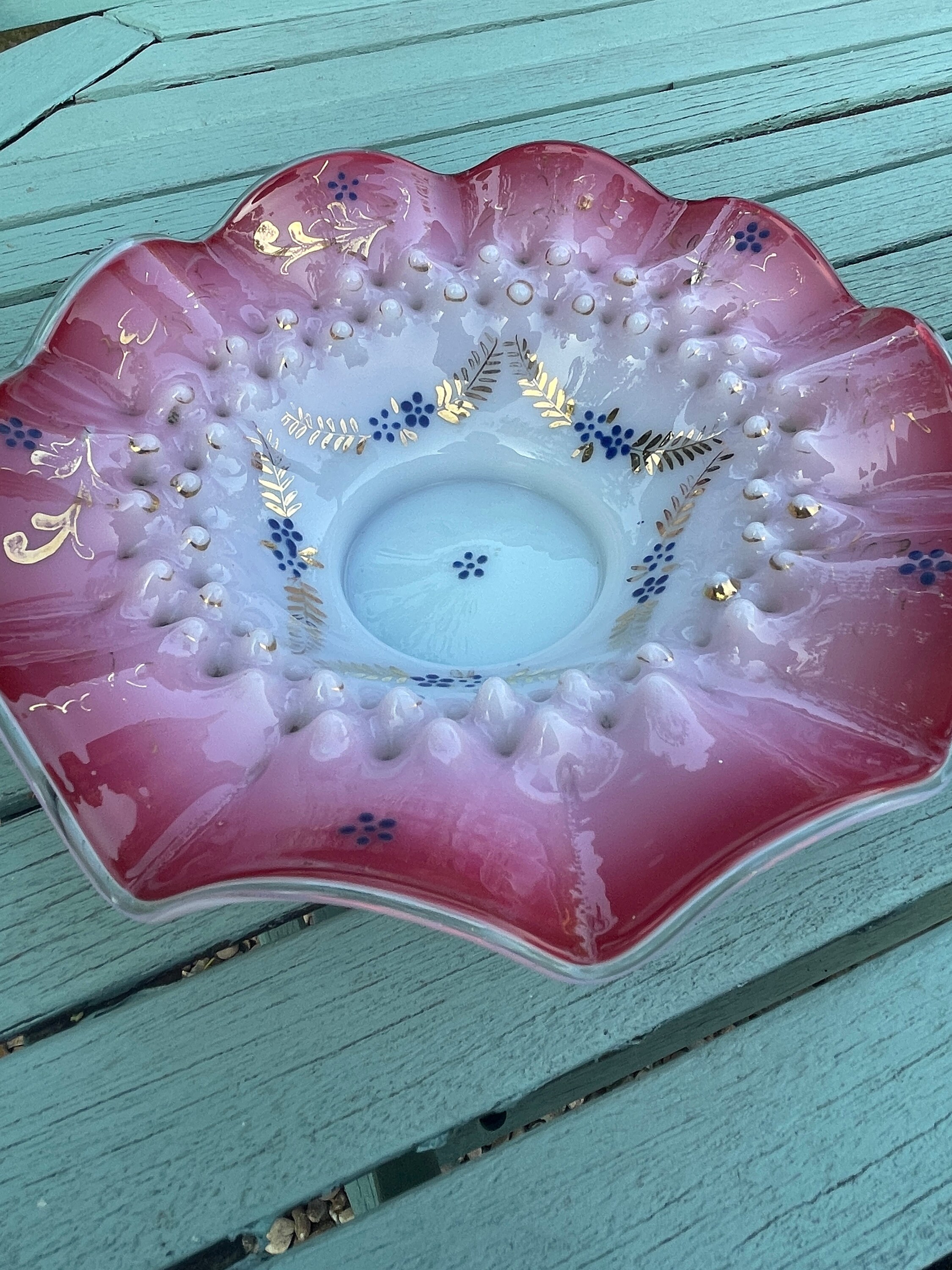 Antique Victorian Pink Ruffled Brides Bowl Cranberry Glass Gold