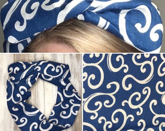 Wired Head Scarf wrap blue & white pattern print