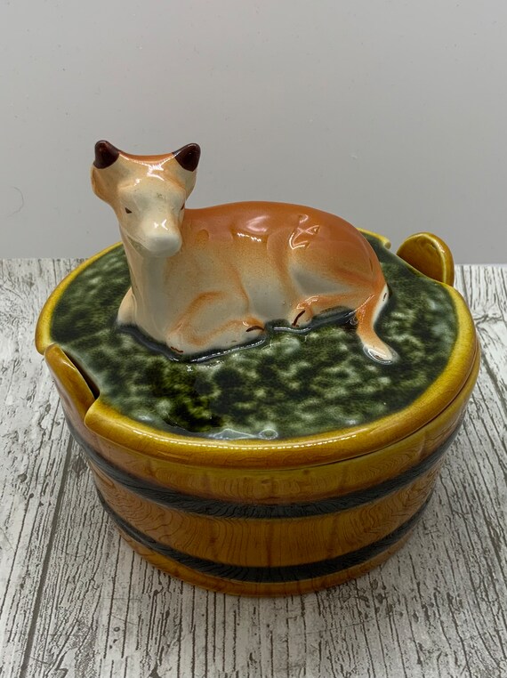 Wonderful Vintage Majolica Butter Dish Cow Design on Lid Etsy