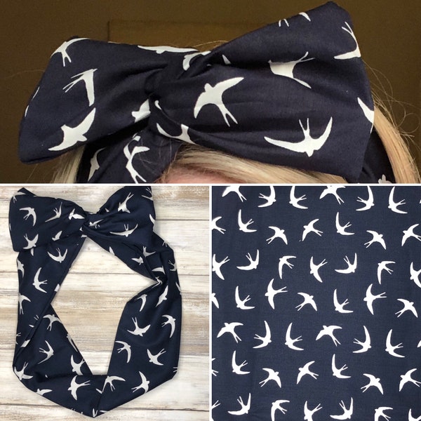 hairband / Head Scarf, wired bow tie wrap swallow bird fabric