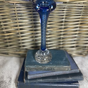 Vintage Whitefriar&#39;s small blue and clear glass vase bubble base bud vase original item