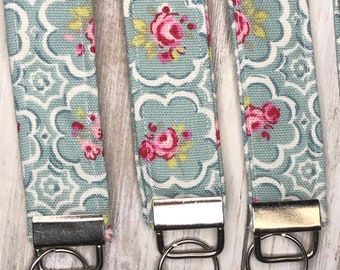Keyring Strap, Keychain wristlet, handmade fabric keyring Turquoise Floral pattern fabric