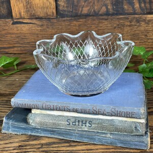 Könnte beinhalten: Eine klare Glasschale mit Rautenmuster liegt auf zwei alten Büchern. Die Schale hat einen gewellten Rand und wird auf Büchern mit den Titeln "Common Objects of the Sea-Shore" und "Ships" präsentiert. Der Hintergrund ist eine Holzoberfläche.