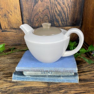May include: A white ceramic teapot with a tan lid and handle sits atop two vintage blue books. The teapot has a curved spout and a rounded body. The books have the title "Common Objects of the Sea-Shore".