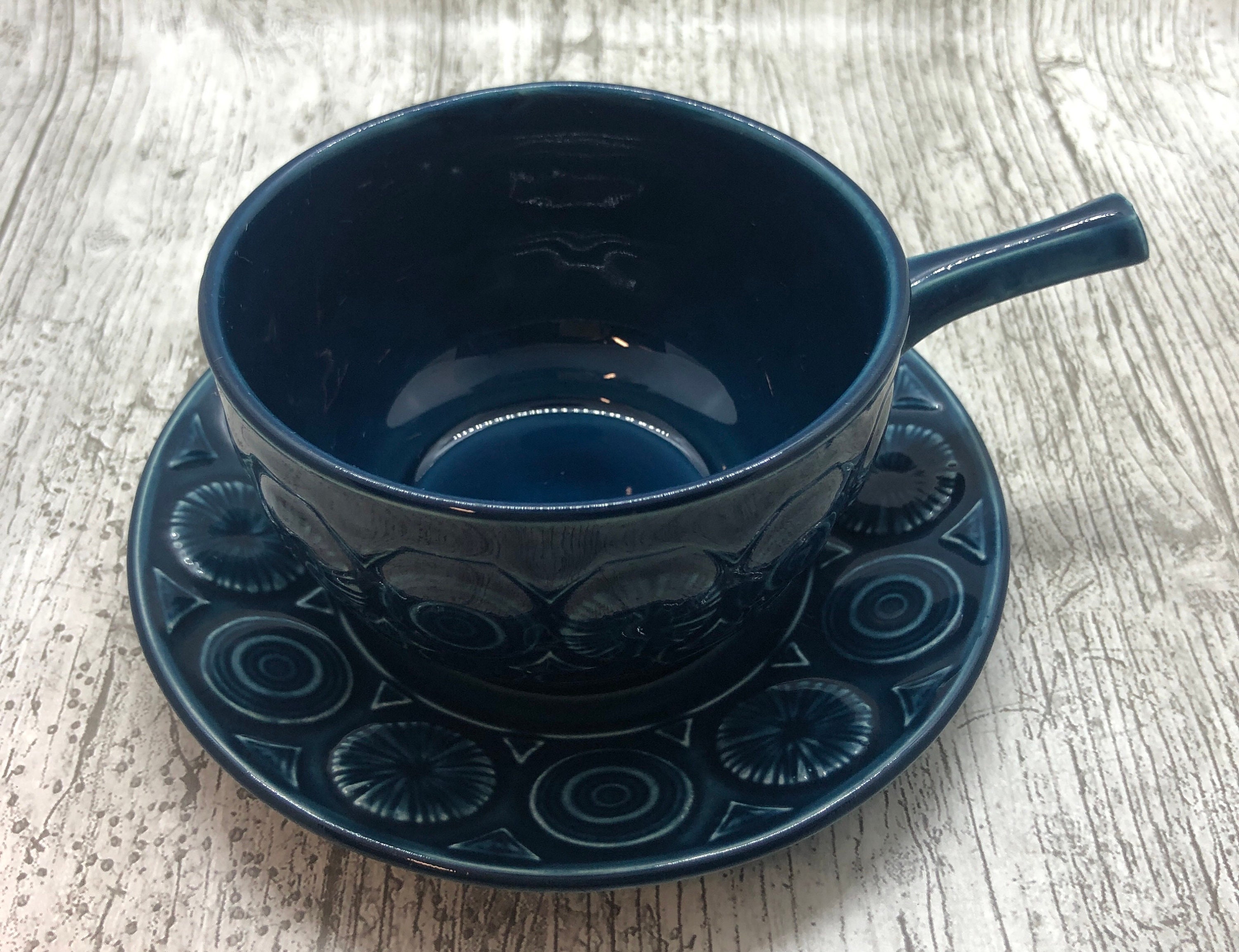Tams Pottery Soup Bowl With Handle, Retro Blue Dish With Saucer