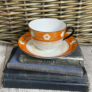 Vintage Victoria Czechoslovakia Bone China Tea Cup and Saucer Orange and White Lustreware Detail