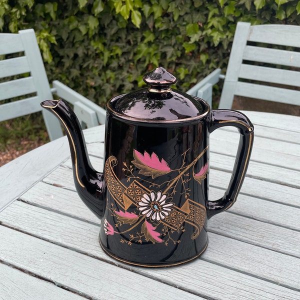 Vintage Aestheticism Movement Teapot/ Coffee Pot Black with Gold pattern and floral design Stamped Tea Pot