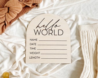 Hello World Baby Announcement Sign | Newborn Birth Stat Sign | Modern Wooden Engraved Plaque | Baby Shower Gift | Fresh 48 Photo Prop