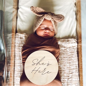 She’s Here Modern Birth Announcement | He’s Here Engraved Wooden Baby Sign | Newborn Photo Prop | Fresh 48 Photos | Baby Shower Gifts