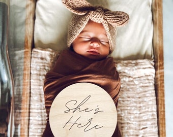 She’s Here Modern Birth Announcement | He’s Here Engraved Wooden Baby Sign | Newborn Photo Prop | Fresh 48 Photos | Baby Shower Gifts