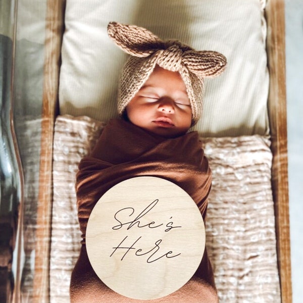 She’s Here Modern Birth Announcement | He’s Here Engraved Wooden Baby Sign | Newborn Photo Prop | Fresh 48 Photos | Baby Shower Gifts