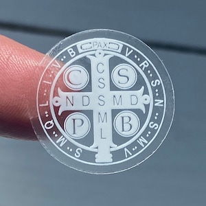 CLEAR and WHITE design | TINY | 1 inch/25mm | Catholic St. Benedict Medal sticker | Catholic gift | Confirmation, Communion |
