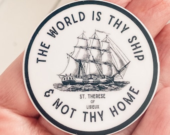 Pegatina católica tamaño MINI: Cita de Santa Teresita, diseño de barco (5 cm)