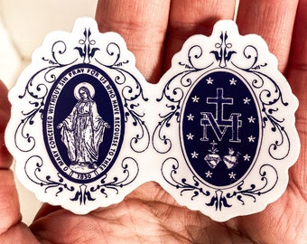 Miraculous Medal Sticker: Vintage French Navy & White Catholic Gift