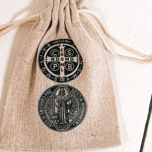 Linen Rosary Pouch: St. Benedict Medal, Rustic Catholic Gift Bag