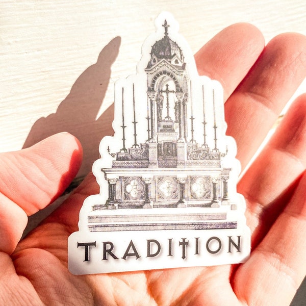 TLM Catholic sticker | "Tradition" with vintage altar | 75mm X 55mm | Black and White