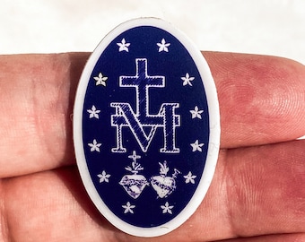 TINY sized, Miraculous Medal Stickers- BACK of medal- Navy and White- 1&quot; X 1.5&quot;, Catholic Stickers-sticker gift-Our Lady, Mary sticker