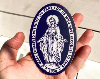 Bumpersticker wonderbaarlijke medaille: marineblauwe en witte katholieke sticker (4 x 2,66 inch)