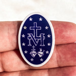 TINY sized, Miraculous Medal Stickers BACK of medal Navy and White 1 X 1.5, Catholic Stickers-sticker gift-Our Lady, Mary sticker image 1