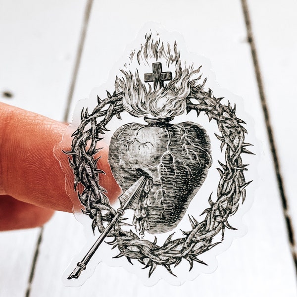 CLEAR and black Catholic Sticker | Sacred Heart | Mini Sized | Vintage/Antique |  Crown of Thorns & Sword | Mini Sized |